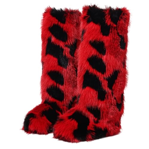 Women Faux Fur Furry Boot Fluffy Knee High Snow Boots Round Toe Suede Comfy Warm Fuzzy Flat Long Shoes Winter For Girl