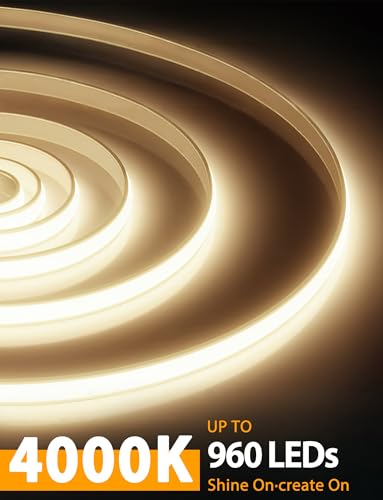 Image of Lamomo COB LED Strip Lights, 9.84Ft Natural White Dimmable Self-Adhesive Led Rope Light with Remote, Flexible Cuttable Waterproof 4000K Silicone Neon Tape Light for Bedroom,Indoor, Cabinet, 10mm Width