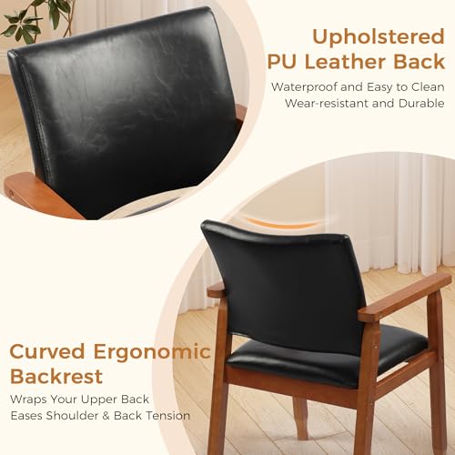 Image of NOBPEINT Mid-Century Modern Dining Chairs with Armrest Set of 4, PU Leather Upholstered Dining Room Chairs with Solid Wood Frame, Walnut Kitchen Armchairs for Kitchen Living Room Restaurant, Black