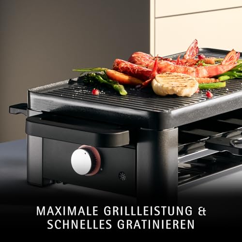 Žar WMF Master Raclette s keramičnimi posodami in drsniki, Raclette za 8 oseb, 1500 W, s polico, variabilna regulacija temperature, premaz proti prijemanju, primerno za pomivalni stroj, mat črno nerjaveče jeklo