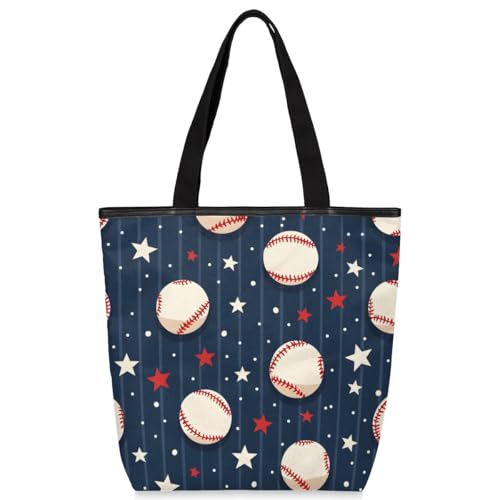 Mularoka Baseball Striped Canvas Tote Bag with Zipper and Pockets Canvas Tote Shopping Bag Women Reusable Grocery Bag for Beach Travel Gym Shopping