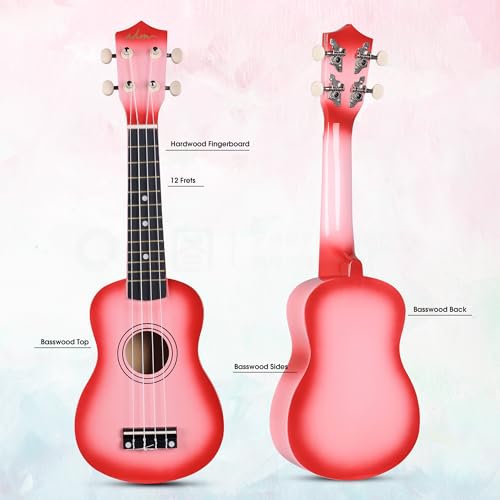 Image of ADM Ukulele for Beginners Hawaiian Wood Ukelele Kit for Kids Adult Student Starter Professional Ukalelee Pack Bundle with Free Lessons Gig Bag Strap Nylon String Tuner (Pinkburst, 21 Inch)