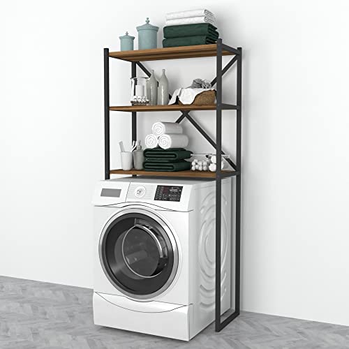 [en.casa] Estantería Alta para Lavadora con 2 Compartimientos Armario de Baño para Inodoro Secadora Aglomerado/Metal 160 x 66 x 34 cm Efecto Nogal