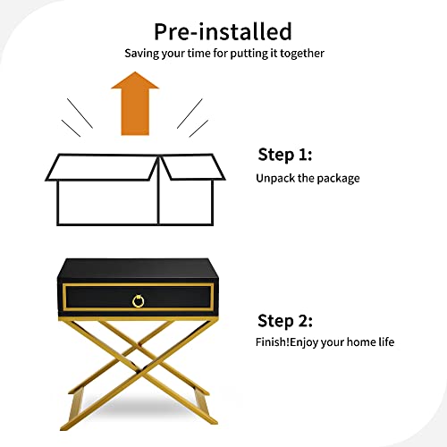 DWVO Modern Black Nightstand with Drawer Solid Wood Small Bedside Table Gold Metal Frame Fully Assembled End Table for Living Room Bedroom