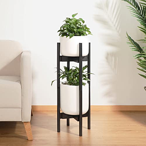 2 Pack Indoor Plant Stands, 2 Tier Tall Plant Stand 30 inches, Mid Century Bamboo Plant Stand, Adjustable Width 8 - 12 inches, Fits Pot Size of 8 9 10 11 12 inches Pot & Plant Not Included, Black
