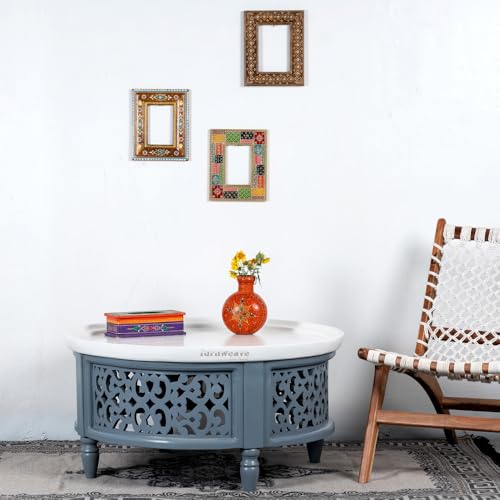 Image of Wooden Carved Coffee Table for Living Room | Center Table for Living Room Furniture | Solid Wood Round Tea Table for Home | Durable & Stylish Coffee Table for Home, Bedroom & Office (Grey)