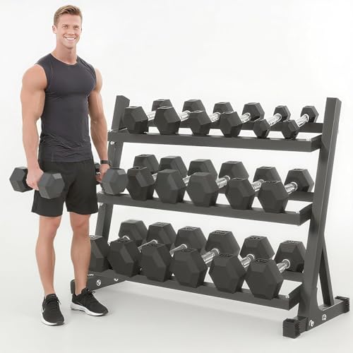 Yufer 10 Pair Iron and Rubber Coated Dumbbell Set 550 lbs 5-50 lbs Hand Free Weight for Strength Hex Rubber Weights with Vertical Storage Rack Fitness Home Gym Equipment