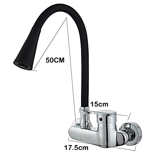 Grifo Mezclador de Cocina Mural con Manguera Flexible giratoria de 360 Grados y Doble Orificio.