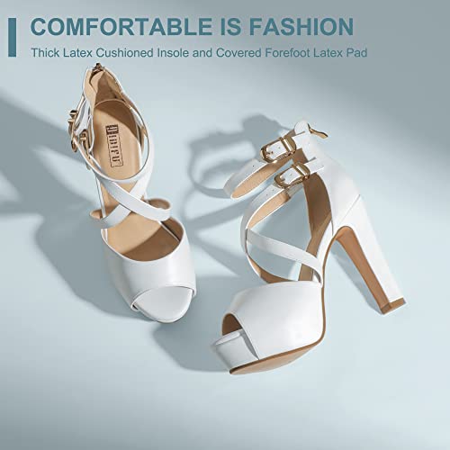 IDIFU Women's IN5 Charcy Crisscross Strappy Platform High Chunky Heels Peep Toe Pump Party Heeled Sandals(7.5 M US, White Pu) - Thumbnail 6