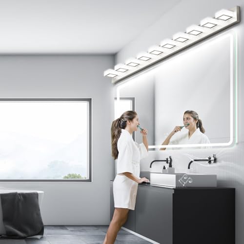 Image of Ralbay 10-Light Brushed Nickel Bathroom Vanity Light Metal Acrylic Modern LED Bathroom Lighting Over Mirror