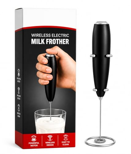 Image of Powerful High-Performance Hand Blender for Quick and Effortless Kitchen Tasks Milk Frother, Stainless Steel Drink Mixer with Frother Stand for Coffee Hot Chocolate (Black1)