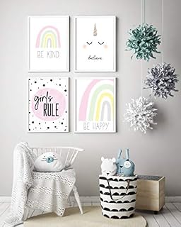 Little Angels Jamboree Kids Bedroom Prints 4 pack Girls Bedroom Scandi RAINBOW & UNICORNS Pictures/Prints Decor A4 *** NO FRAMES INCLUDED ***