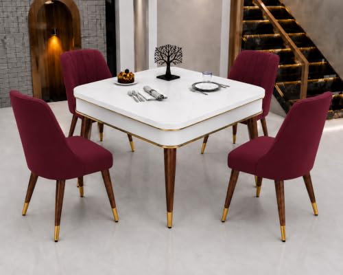 Image of WOODEN SPACE 4 Seater Wooden Dining Table Set | Urban Marble Top Dining Table with Chairs for Dining Room & Kitchen (Modern Frontline Maroon) (42 x 42 x 30 inch)