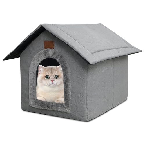 DAJASD Casetta Per Gatti All'Esterno Antipioggia, Cuccia Per Gatti Impermeabile, Rifugio Per Gatt Randagi Resistente Alle Intemperie con Cuscino in Peluche Pieghevole 35x30x35cm（Grigio Chiaro, S）