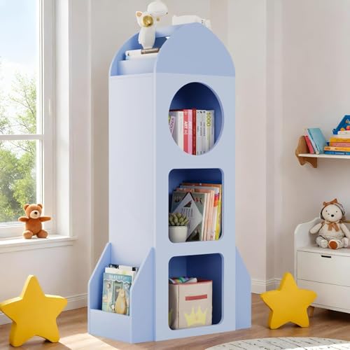 Image of Arlopu 3-Tier Kids Bookshelf and Toy Storage, Rocket Space Theme Baby Cabinet with Side Shelves, Montessori Wooden Open Toddler Bookcase, Display Organizer for Nursery, Playroom, Kindergarten (Blue)