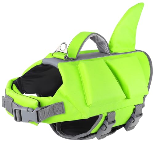 Dogcheer Dog Shark Life Jacket with Extra Foam, High Buoyancy Dog Life Vest with Rescue Handle for Swimming Boating, Reflective Adjustable Puppy Swim Vest for Small Medium Large Dogs, Green