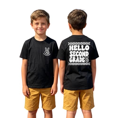 BOUTIKOME Toddler Boy Back to School Shirts Hello Firtst Second Third Grade T-Shirt Kids First Day of School Short Sleeve Tee(Black 7 Years(2nd Grade))