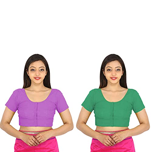 Image of Namita Women's Rubia Cotton Front Open Half Sleeve Blouse (U-COT-COM-2-LIGHTPURPLE-DARKGREEN-36 Light Purple, Dark Green 36)