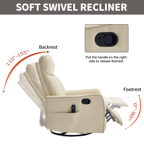 Image of Manual Swivel Rocker Recliner Chair for Adults, Overstuffed Reclining Glider Chair for Nursing with Vibration Massage & Heat, Living Room Rocking Recliner 2-Stage backrest, Faux Leather Light Yellow