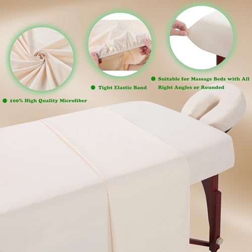 3 Piece Massage Table Sheets Set 2 Sets Microfiber Massage Bed Cover Soft Waterproof and Oil Proof Reusable for SPA Beauty Tattoos Includes Table Cover,Fitted Sheet and Face Rest Cover (Beige)