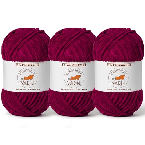Image of 3 Pack Burgundy Fluffy Velvet Yarn for Crocheting,Chunky Chenille Baby Blanket Yarn for Crochet,Soft Fuzzy Puzzle Yarn for Knitting,(100g /3.53oz Each) Bulky Thick Amigurumi Crochet Yarns