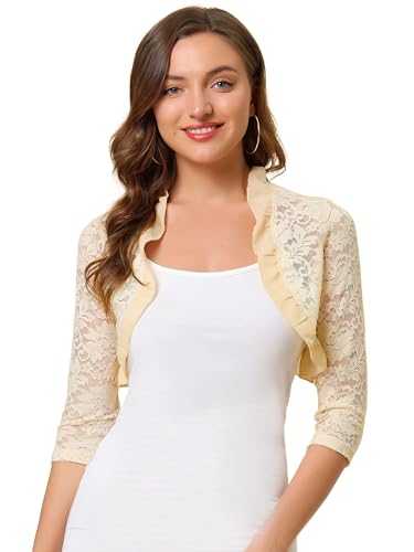 Image of Allegra K Women's Elegant Lace Cardigan Ruffle Collar Crop 3 /4 Sleeve Sheer Bolero Floral Lace Shrug Top