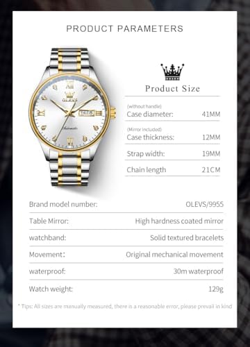 OLEVS Automatic Watches for Men Self Winding Diamond Stainless Steel Mechanical Waterproof Watch Two Tone Business Calendar Luminous Wrist Watch White Dial - 5