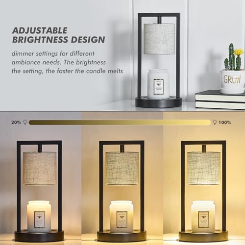 Candle Warmer Lamp with Timer, Black Candle Lamps Linen Fabric Shade, 3-Level Dimmable Candle Warming Wax Melt Warmer for Scented Wax, 50W Electric Warmer Lamp for Women Home Decor (2 Bulbs Included)