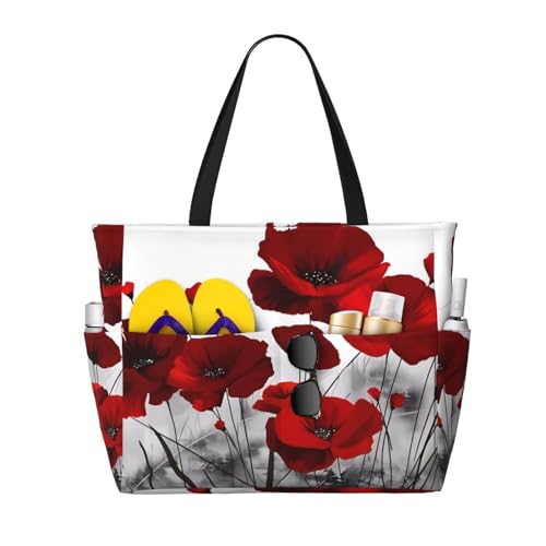 Red Poppy Flower Print Large Capacity Beach Tote Bag for Women, Waterproof Beach Travel Bag