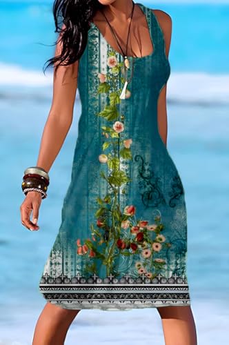 Image of Camisunny Women Casual Loose Tank Dresses Sleeveless Beach Vacation Dress Swing Pleated U Neck Fashion Soft
