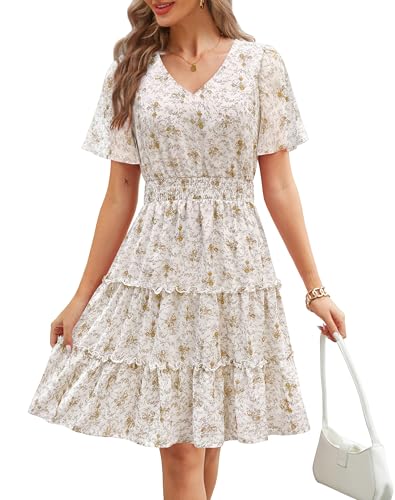 Zattcas Women 2025 Sping Summer Dress V Neck Smocked Waist Casual Flowy A Line Tiered Work Midi Dresses