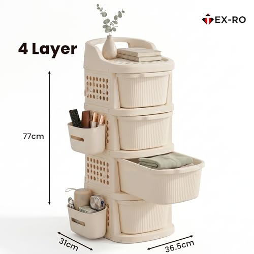 Image of TEX-RO 4 Layer Plastic Drawer Cabinet with Wheels & Side Hooks | Stackable Storage Trolley Organiser for Kitchen, Bedroom, Bathroom | Multipurpose Drawers Organisers Rack with Basket - Ivory