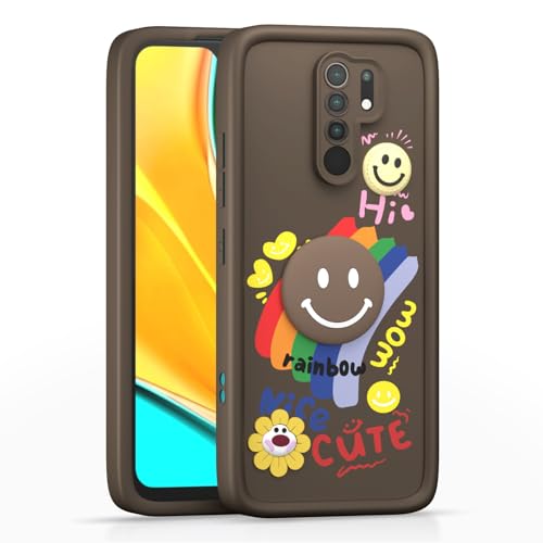 Image of Pikkme Back Cover for Redmi 9 Prime /Poco M2 | Soft Silicone| Cute Rainbow Smile & 3D Cartoon Flower Design | Shockproof Raised Camera Protection Bumper Case (Brown)