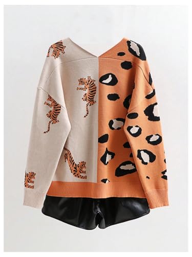 Image of WDIRARA Women's Leopard Tiger Print Cardigan V Neck Long Sleeve Color Block Button Down Sweater Outwear