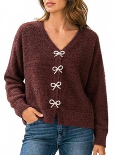 CUPSHE Women's Long Sleeve Knit Cardigan Bow Buttons Lightweight Open Front Sweater Fall Winter Casual Sweater Top