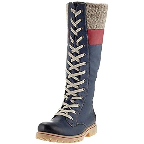 MWbetsy Womens Leather Boot Round Toe Knee High Lace-Up High Boots Flat Block Heel Motorcycle Shoe Ladies Knight Side Zipper Fashion Larger Size Boots,blue,38 Cover