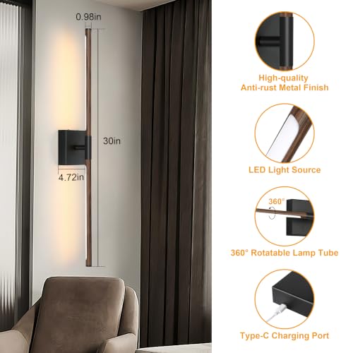 Image of Morauroral Walnut Black Battery Operated Wall Sconces with Remote Control, Rechargeable Wall Sconces Set of 2, LED Sconces Wall Lighting, Wireless Wall Lights for Bedroom, Living Room, Background Wall
