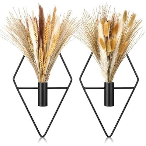 Peryiter 2 Pcs Small Boho Wall Decor Hanging Planters with Artificial Pampas Wall Mounted Metal Wall Decor Modern Home Decor Display Wall Art Bedroom Bathroom Living Room (Black) Cover