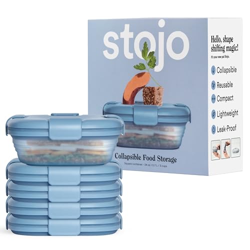STOJO Collapsible Sandwich Box – 24oz, Reusable Food Storage Container, Silicone Bowl for Hot/Cold Food – Meal Prep, Lunch, Camping, Hiking – Dishwasher Safe (Set of 5, Translucent Steel)