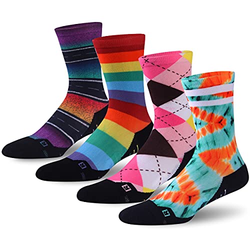 Huso Funny Novelty Sports Gift Socks Unisex, Fashion Colorful Print Hiking Trekking Compression Quick Wicking Mountain Biking Socks 4 Pairs (Argyle, Rainbow, Stripe, L/Xl) #TOP13