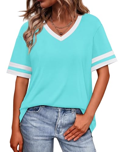 Image of WIHOLL Womens T Shirts Loose Fit Short Sleeve Tees V Neck Color Block Summer Tops 2026 Fashion S-4XL