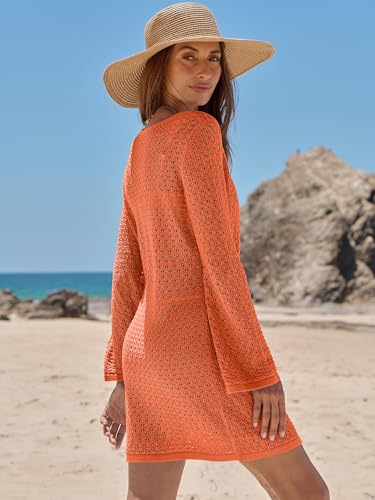 Image of ANRABESS Women's Crochet Swimsuit Cover Up, V Neck Mesh Knit Beach Dress, Long Sleeve Summer Vacation Beachwear