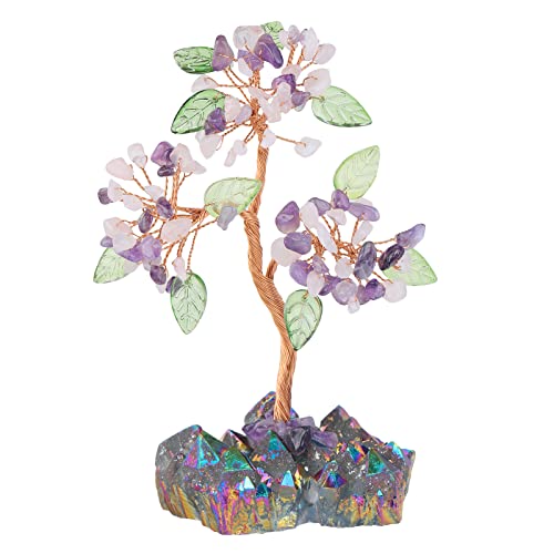 Nupuyai Amethyst & Rose Quartz Crystal Money Tree with Rainbow Titanium Crystal Base