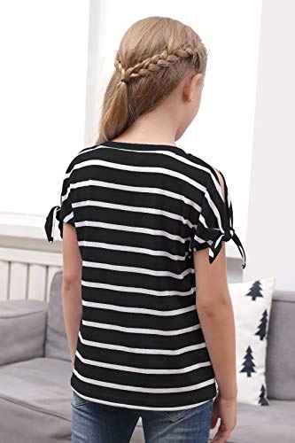 Image of GORLYA Girls Slit Sleeve Tie Knot Cuff Knit Tunic Top 4-14Y | Seamless knit, cold shoulder slit sleeves with tie-knot cuffs, solid & stripe options, ideal for school and casual outings.
