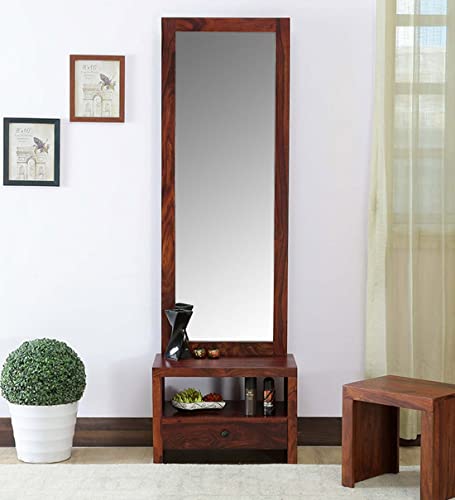 Image of Solid Sheesham Wood Dressing Table with Storage and Mirror | Dressing Table with 1 Drawer Storage (Solid Sheesham Wood, 58x35x182 CM, Teak Finish)