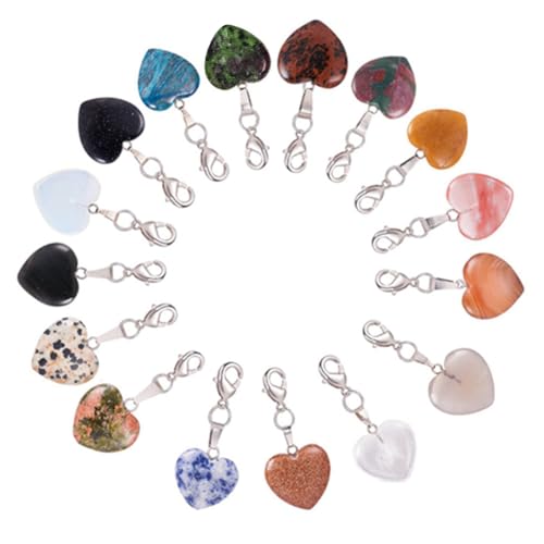 PH PandaHall Heart Stone Charms 16pcs Love Heart Pendants Quartz Gemstone Chakra Stone Charm Pendants with Lobster Claw Clasps for Wedding Necklace Jewelry Making Keychain Mothers Day