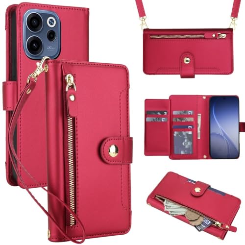 Housse Oppo Reno 14 Pro 5G rouge antichoc avec fermeture éclair et fentes cartes
