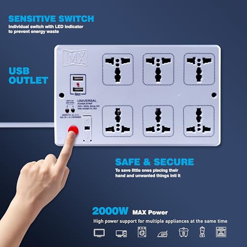 Image of MX 6-Outlet Power Strip with 2 USB Ports, Universal Socket, 1.5m Extension Cord, International Sockets, Master Switch, Multi-Plug Extension Board for Home & Office(5V 2400mA)