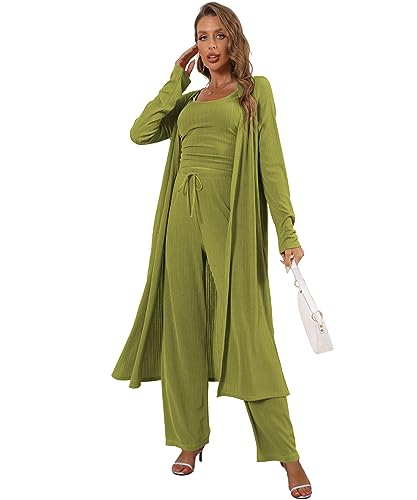 Image of 3 Piece Lounge Sets for Women Airport Travel Outfit | Long Cardigan,Tank Top ,Wide Leg Pants with Pockets,Comfy Loungewear,Casual Chic, Airplane Clothing,Vacation Matching Set