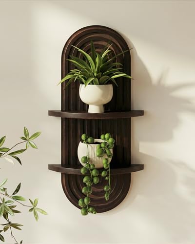 Bamworld Boho Wall Decor Plant Wall Shelf Mid Century Modern Decor Hanging Plant Shelf 2-Tier Wooden Floating Shelves for Home Bathroom Bedroom Living Room Office Holding Planter Decoration Walnut
